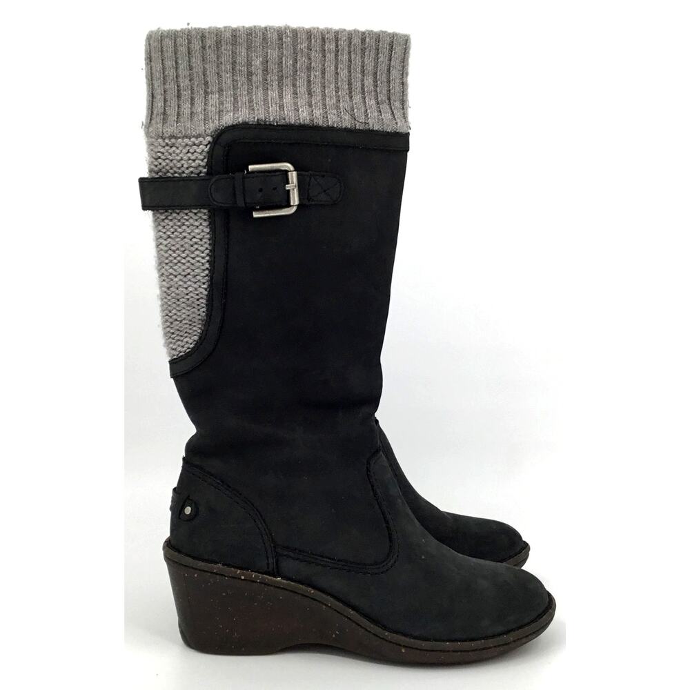 UGG Australia 1006145 Black Suede Knit Cuff Wedge Boots Women's US 7 EU38